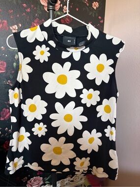 Lazy Oaf Black Tank Top with White and Yellow Daisy Print